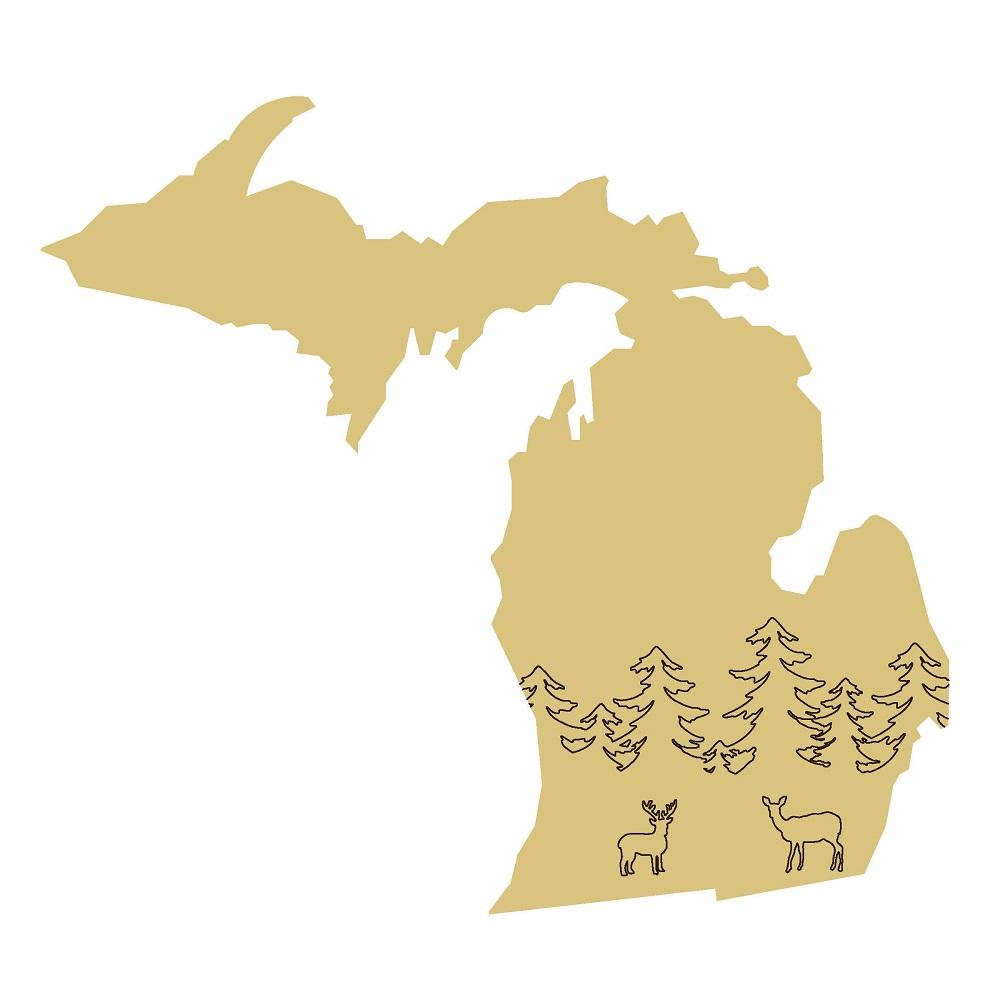 Design By Line Michigan MDF Cutout With Trees And Deer Silhouettes - Unfinished For DIY