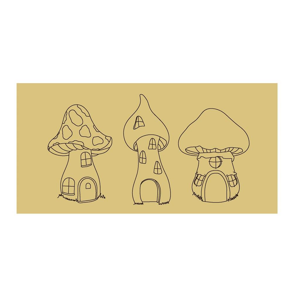 Design By Line Rectangle MDF Cutout Three Mushroom House Silhouettes - Unfinished For DIY