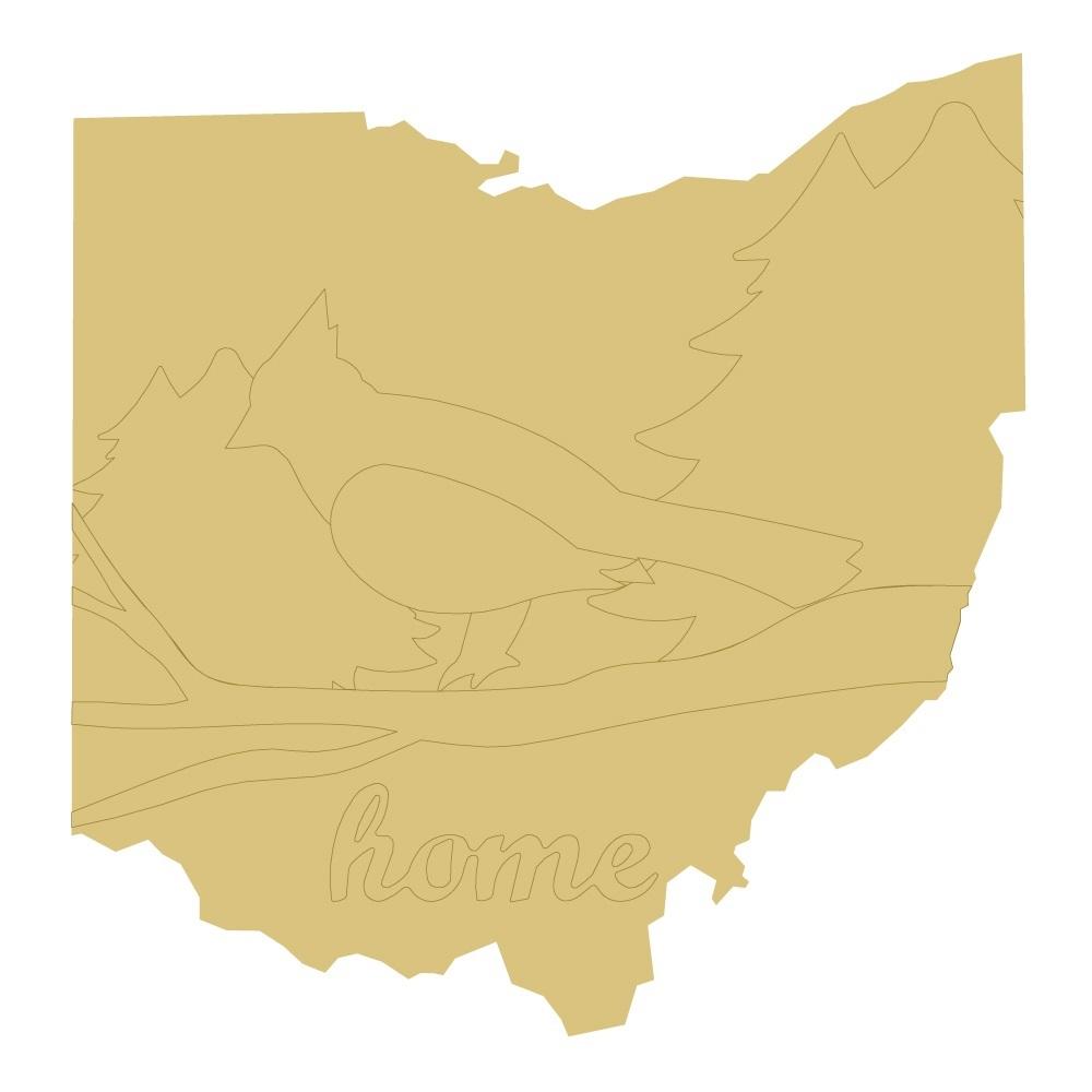 Design By Line Ohio State Silhouette MDF Cutout Bird On Branch With Hills And Home Script - Unfinished For DIY