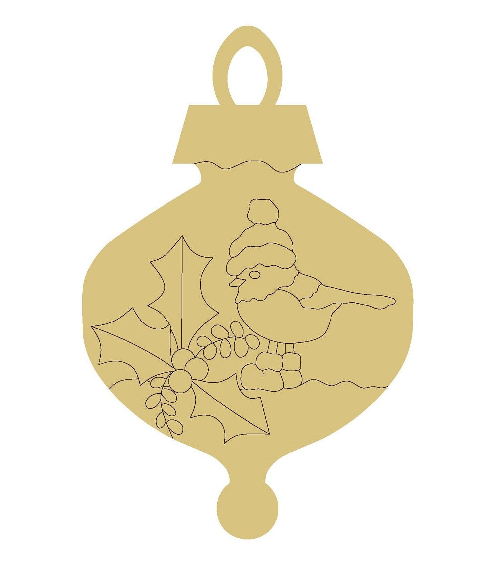 Design By Line Ornament MDF Cutout Cardinal On Holly Branch - Unfinished For DIY