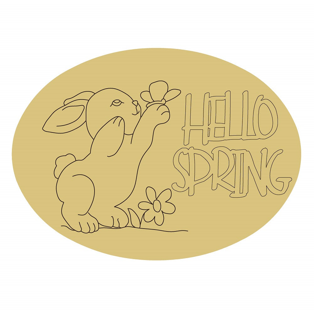 Design By Line Oval MDF Cutout Hello Spring Bunny With Flower - Unfinished For DIY