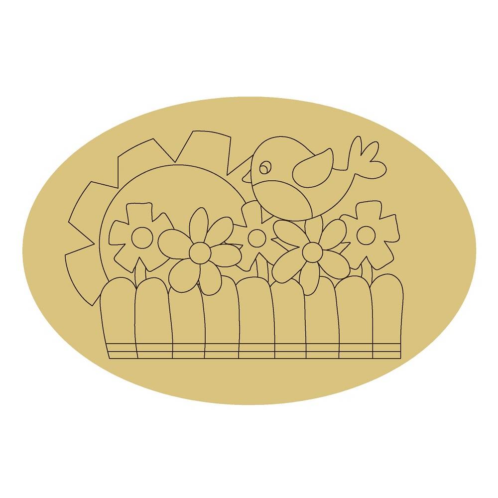 Design By Line Oval MDF Cutout Bird On Fence Floral Scene - Unfinished For DIY