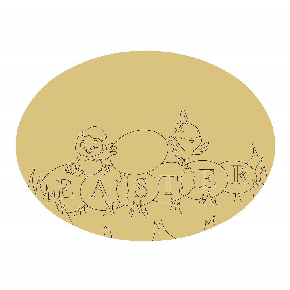 Design By Line Oval MDF Cutout Easter Letters On Eggs With Chicks - Unfinished For DIY
