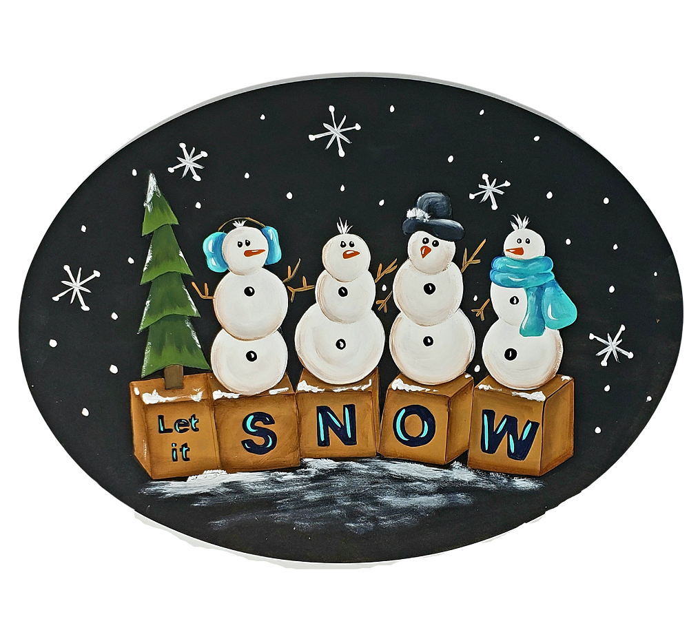 Design By Line Oval MDF Cutout Let It Snow Snowmen On Blocks With Tree - Unfinished For DIY