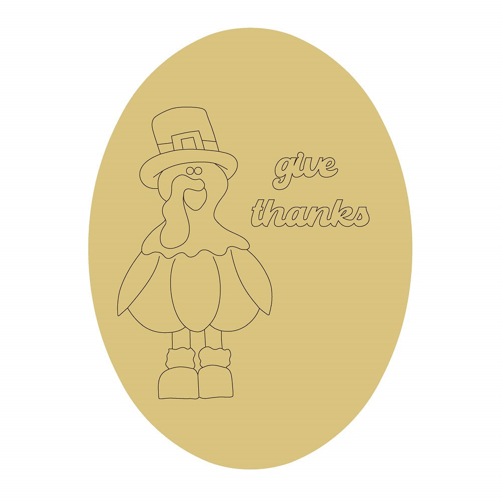 Design By Line Oval MDF Cutout Thankful Turkey With Give Thanks Script And Pilgrim Hat - Unfinished For DIY