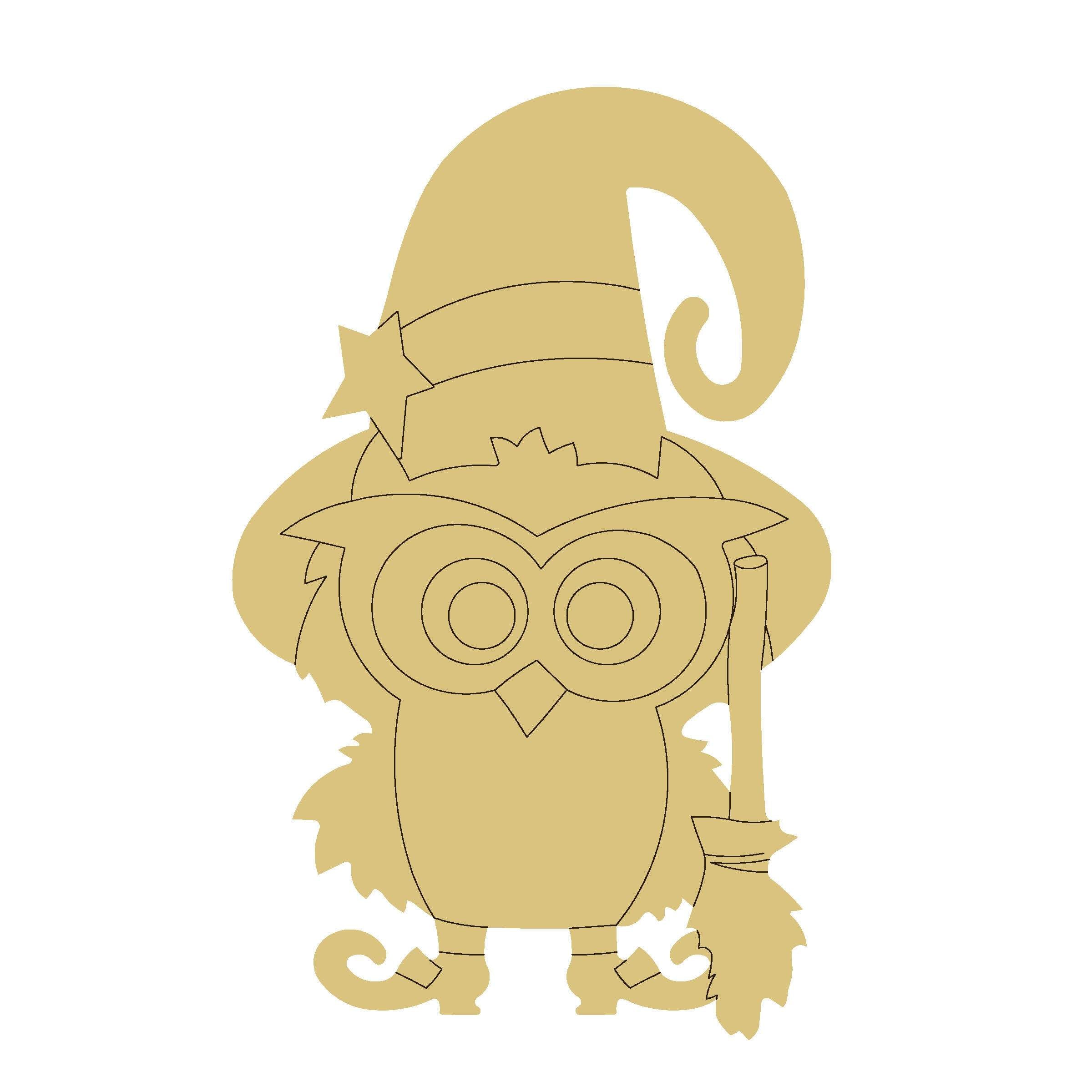 Design By Line Owl MDF Cutout Goggles-Wearing Owl With Wizard Hat And Broom - Unfinished For DIY