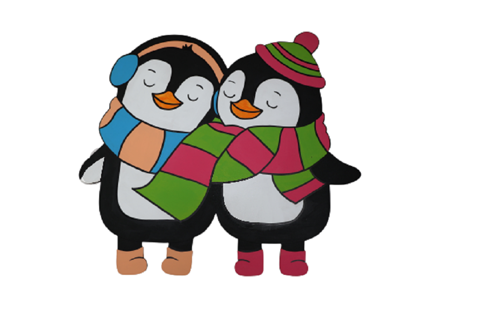 Design By Line Penguin Duo MDF Cutout Hugging With Scarves - Unfinished For DIY