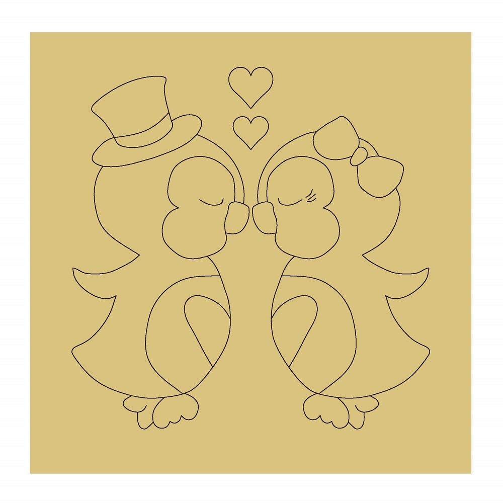 Design By Line Penguin Couple MDF Cutout Kissing With Top Hat And Bow Hearts - Unfinished For DIY