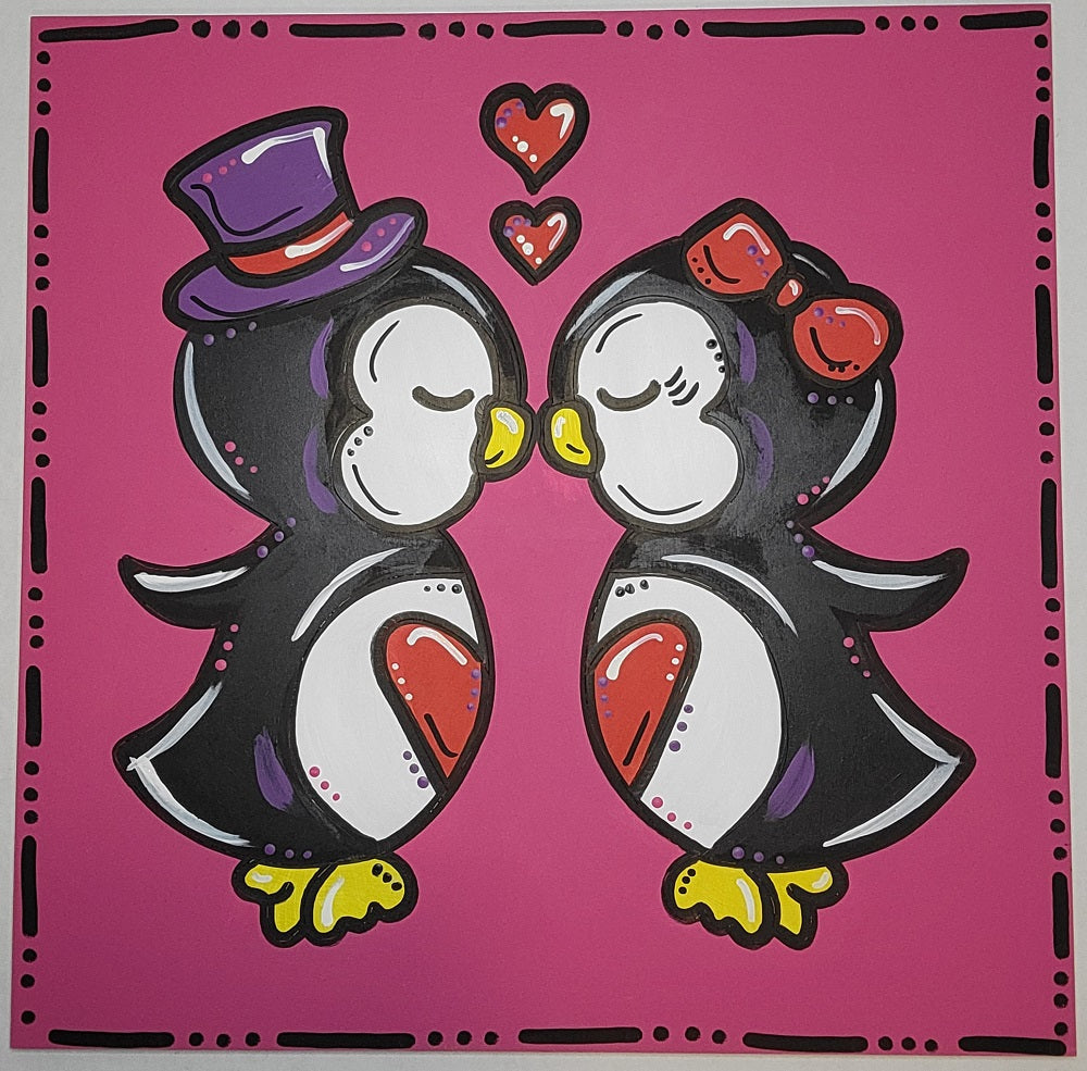 Design By Line Penguin Couple MDF Cutout Kissing With Top Hat And Bow Hearts - Unfinished For DIY