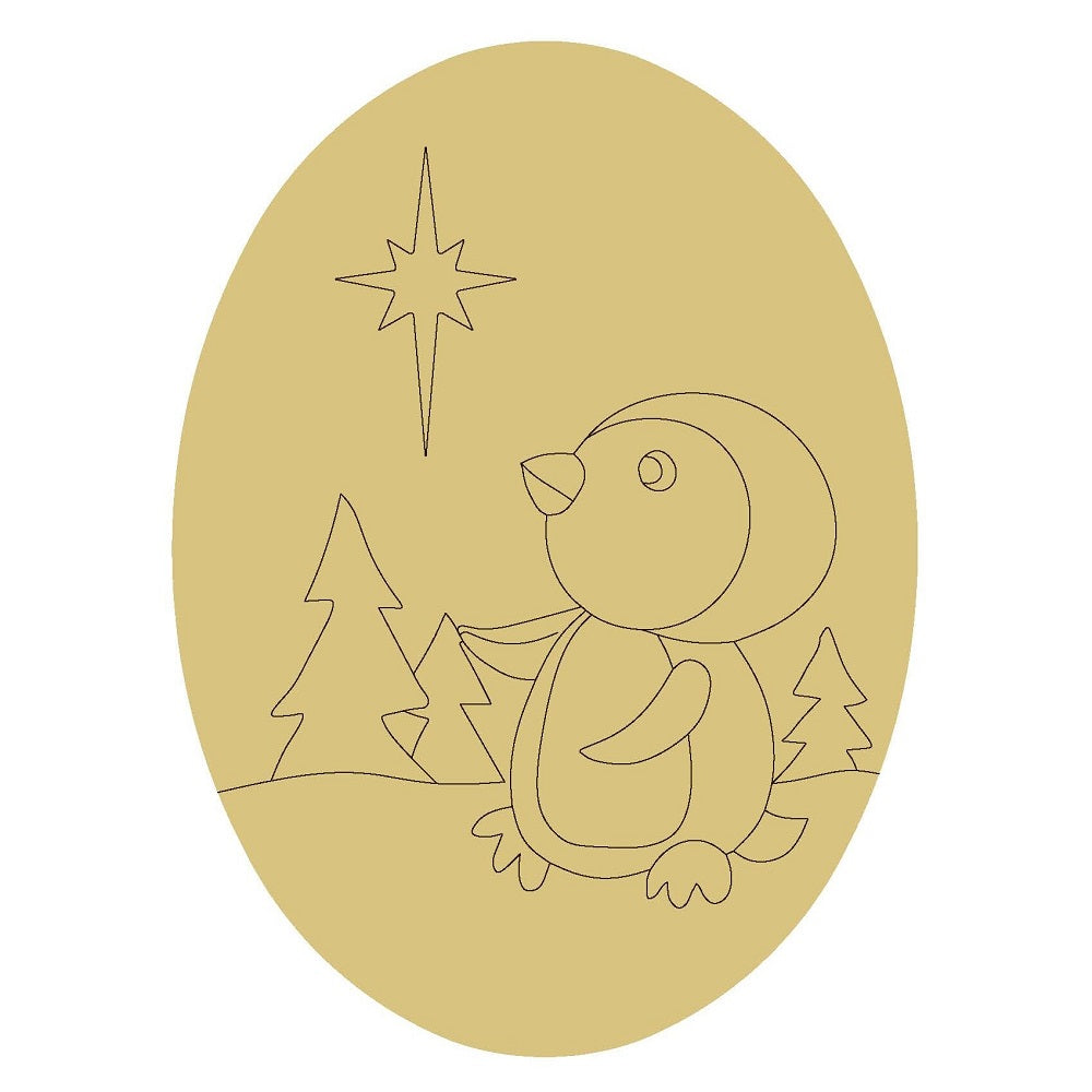 Design By Line Oval MDF Cutout Penguin Winter Scene - Unfinished For DIY