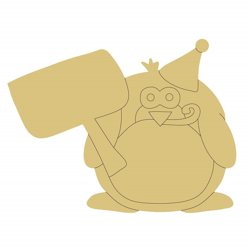 Design By Line Penguin MDF Cutout With Party Hat And A Sign - Unfinished For DIY