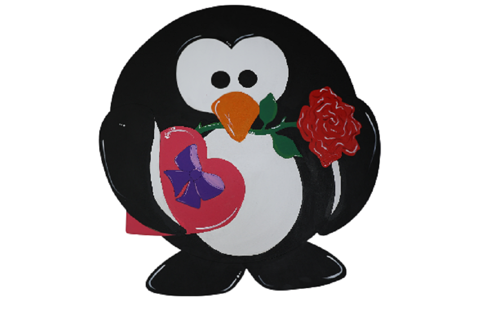 Design By Line Penguin MDF Cutout WIth Box of Candy and Flowers - Unfinished For DIY