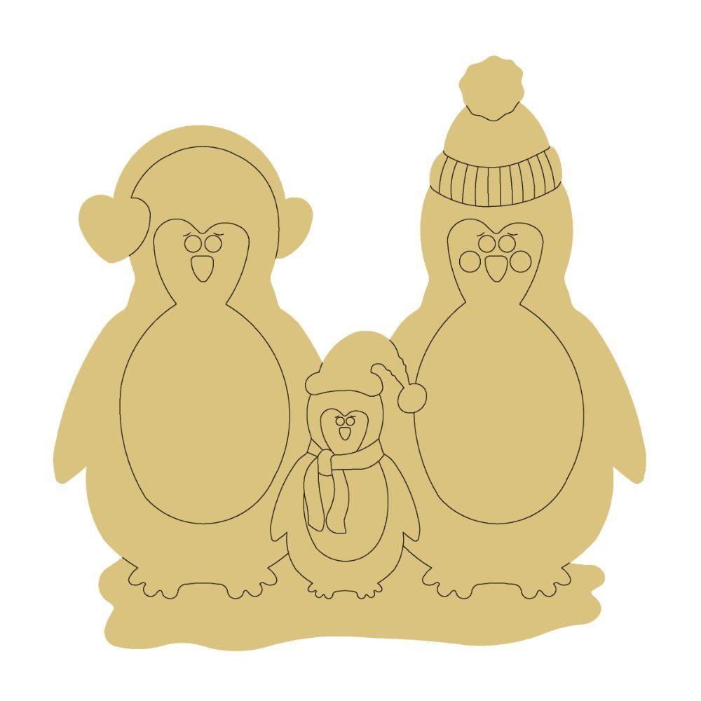 Design By Line Penguin Family MDF Cutout Three Penguins Wearing Winter Hats And Scarf - Unfinished For DIY