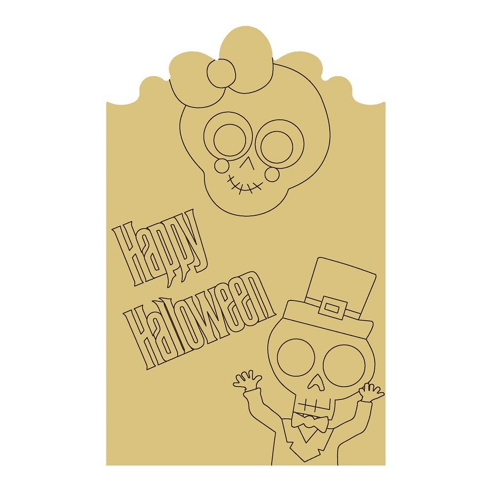Design By Line Plaque MDF Cutout Happy Halloween Sugar Skull And Skeleton - Unfinished For DIY