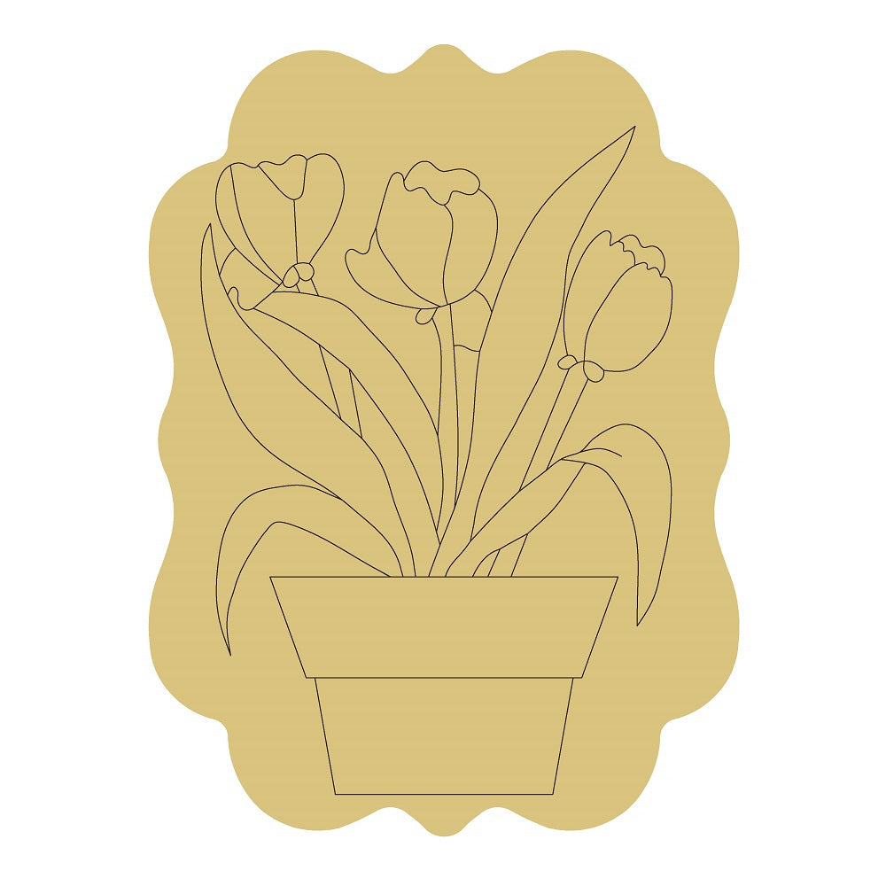 Design By Line Scalloped Plaque MDF Cutout Tulips In Pot - Unfinished For DIY