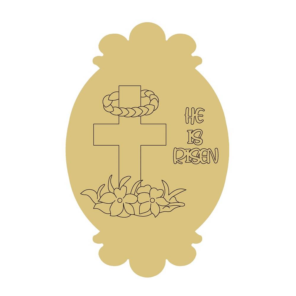 Design By Line Oval MDF Cutout He Is Risen Cross With Crown Of Thorns And Flowers - Unfinished For DIY
