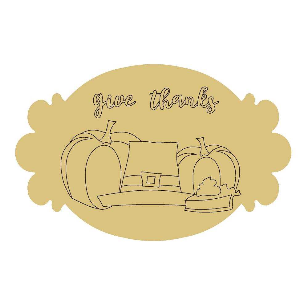 Design By Line Oval MDF Cutout Give Thanks Two Pumpkins And Pilgrim Hat Piece Pie - Unfinished For DIY
