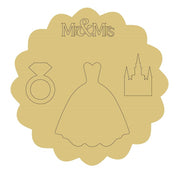 Design By Line Scalloped Round MDF Cutout Mr & Mrs Wedding Ring Gown And Castle - Unfinished For DIY