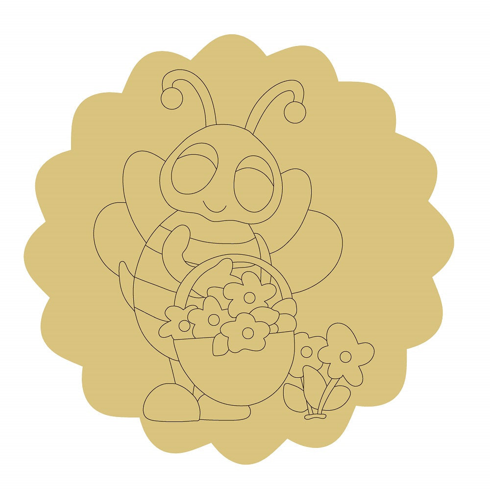Design By Line Scalloped Circle MDF Cutout Bee With Flower Basket And Blooms - Unfinished For DIY