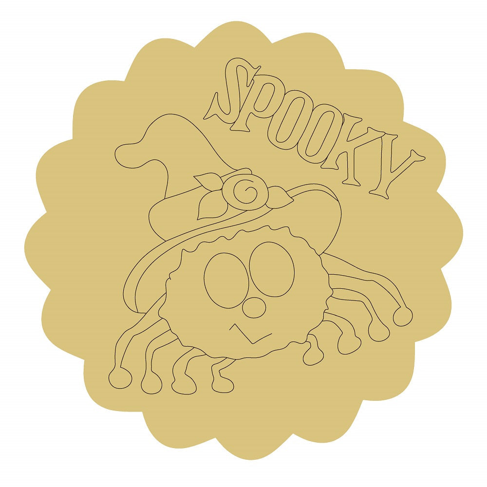 Design By Line Scalloped Circle MDF Cutout Spooky Spider With WItch Hat On  - Unfinished For DIY