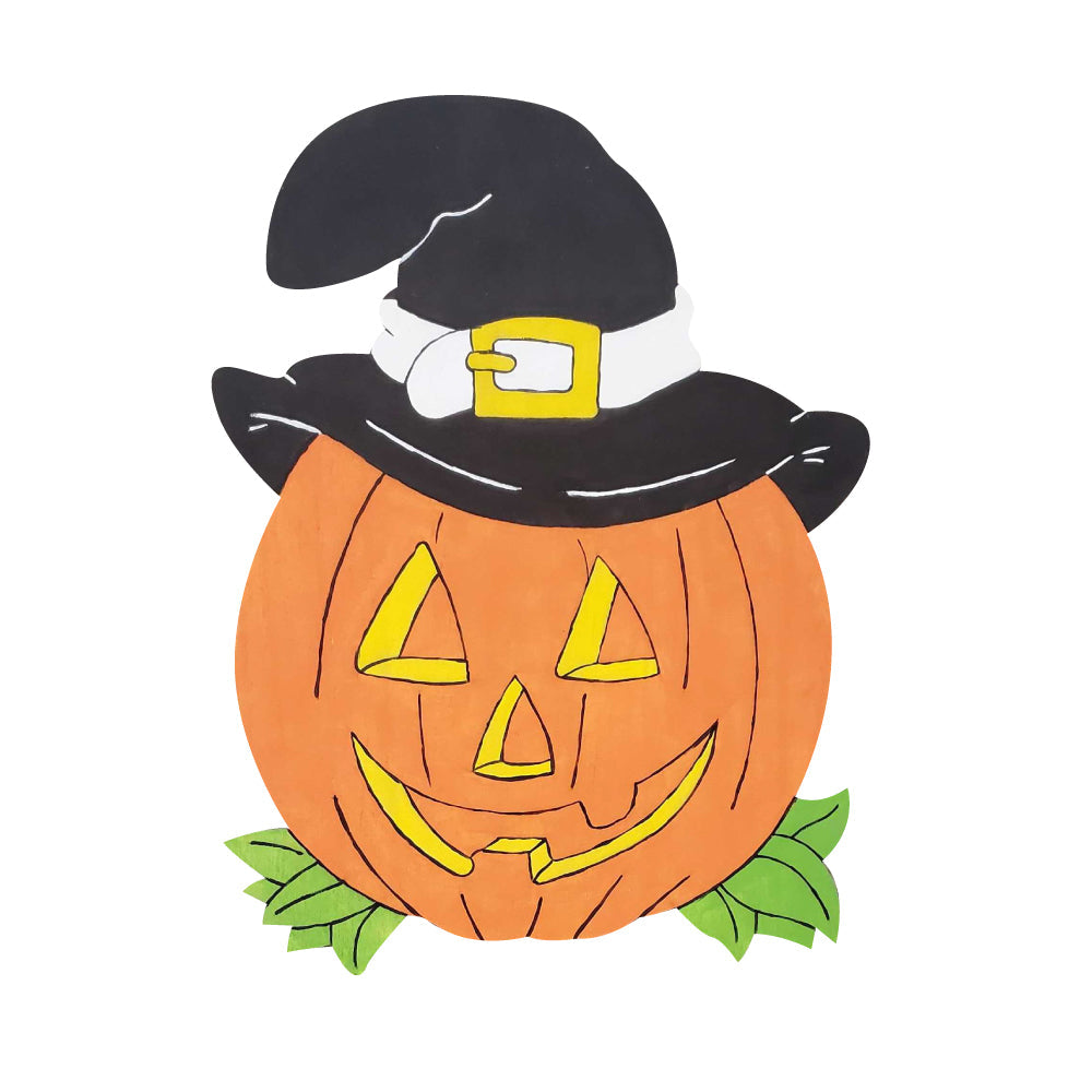 Design By Line Pumpkin With Witch Hat MDF Cutout Jack-O-Lantern With Leaves - Unfinished For DIY