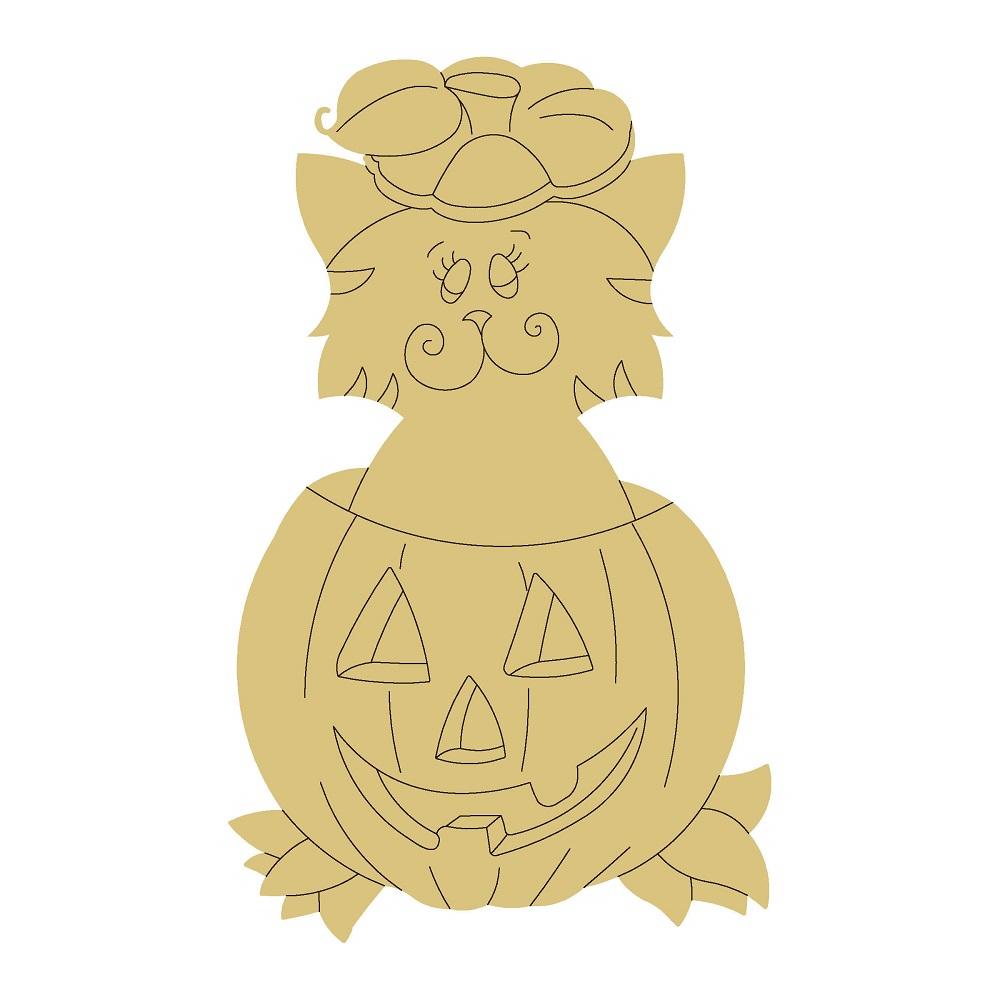 Design By Line Pumpkin MDF Cutout Jack-O-Lantern With Cat Topper - Unfinished For DIY