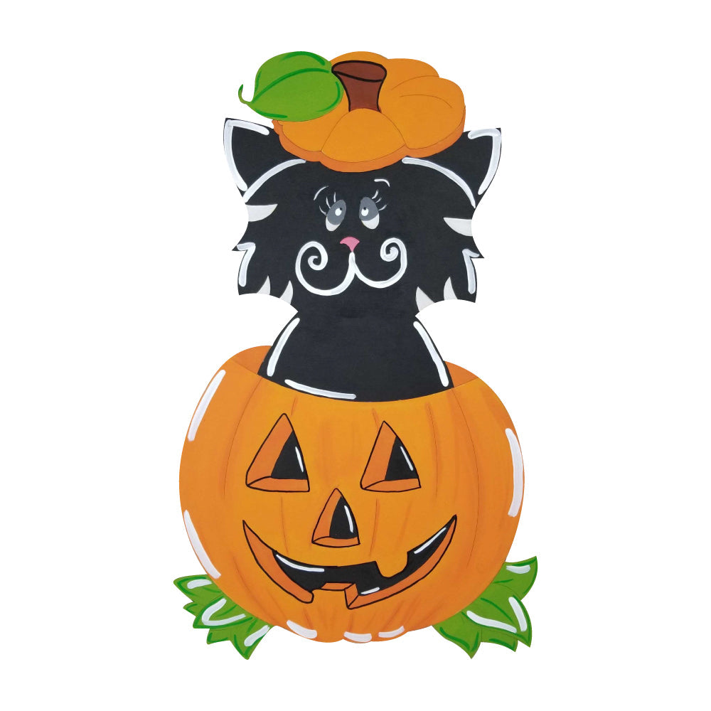 Design By Line Pumpkin MDF Cutout Jack-O-Lantern With Cat Topper - Unfinished For DIY