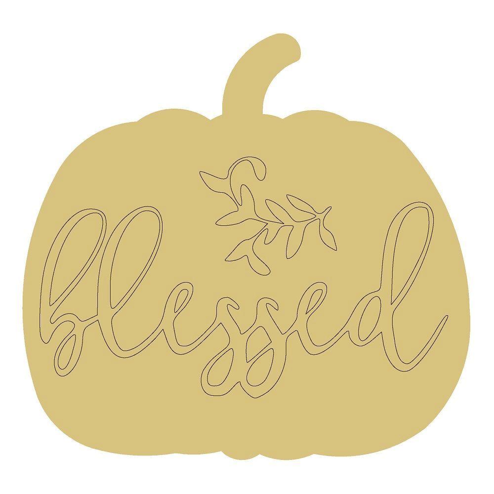 Design By Line Pumpkin MDF Cutout Blessed Script With Leaf Accent - Unfinished For DIY