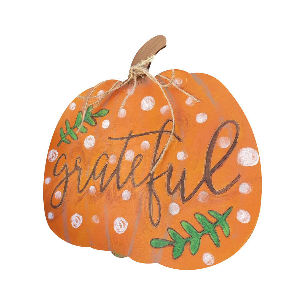Design By Line Pumpkin MDF Cutout Grateful Script - Unfinished For DIY