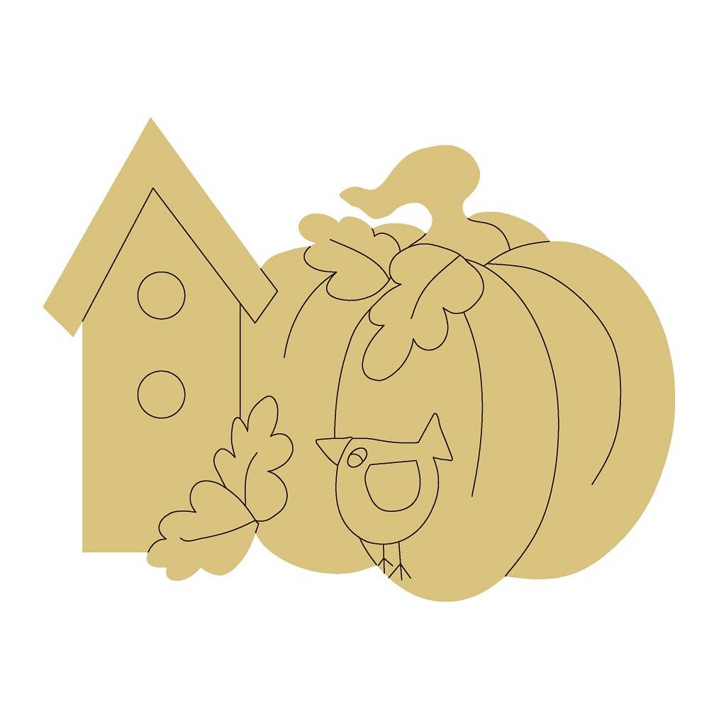 Design By Line Pumpkin MDF Cutout Bird House With Leaves - Unfinished For DIY