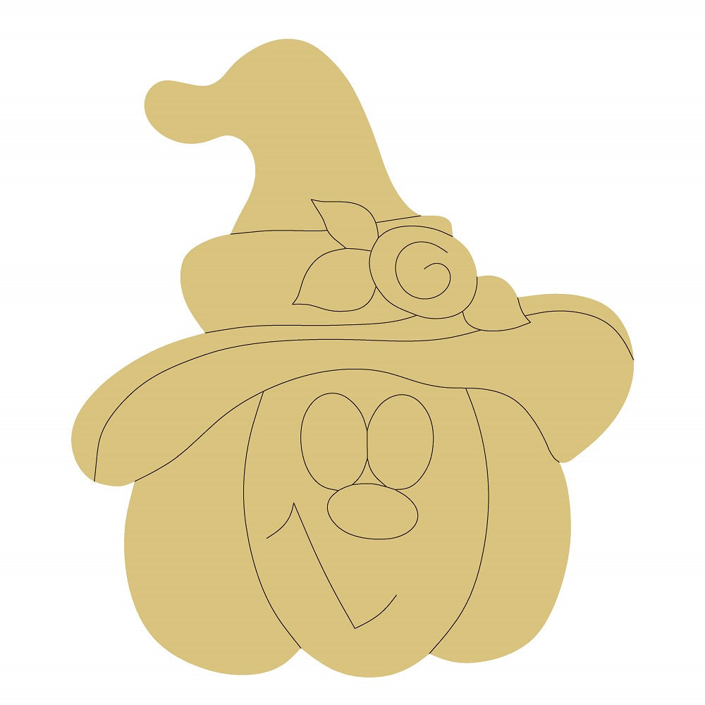 Design By Line Pumpkin MDF Cutout With Witch Hat And Rose - Unfinished For DIY