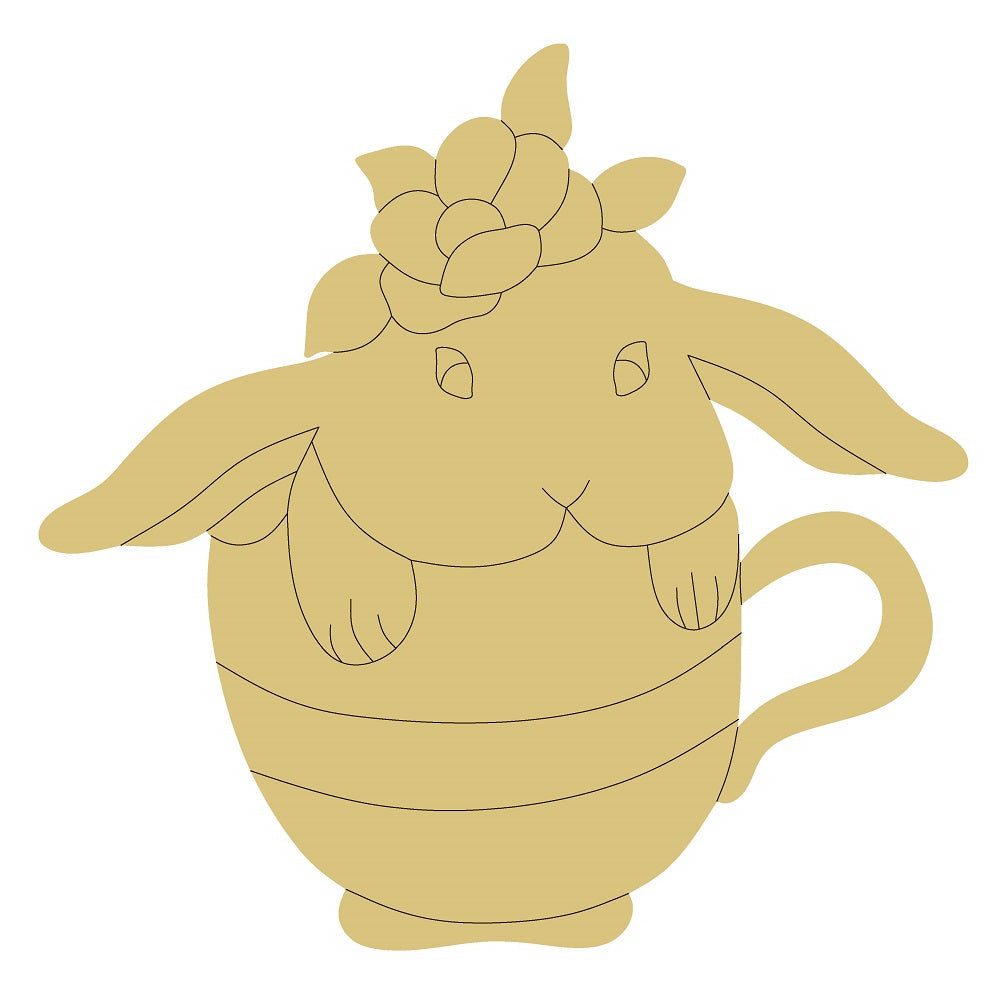 Design By Line Mug MDF Cutout Rabbit In Coffee Cup With Flower on head - Unfinished For DIY