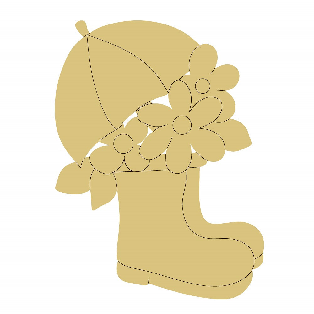 Design By Line Rain Boot MDF Cutout Floral Bouquet inside Boots with Umbrella sticking out - Unfinished For DIY
