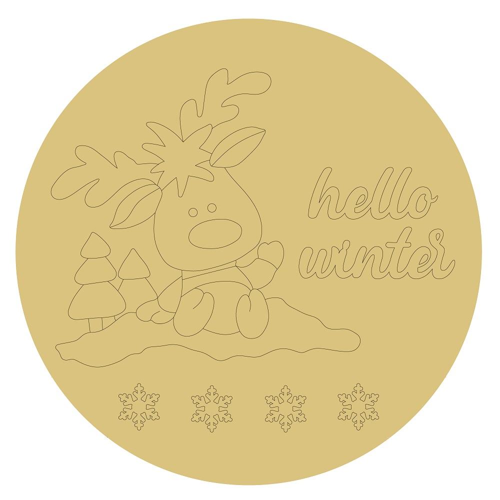 Design By Line Round MDF Cutout Hello Winter Reindeer With Snow And Trees - Unfinished For DIY