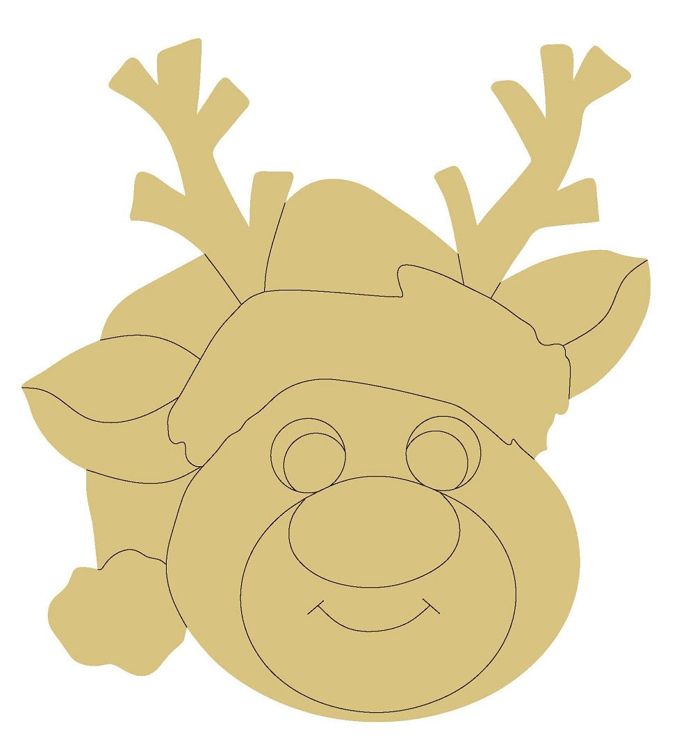 Design By Line Reindeer Head MDF Cutout WIth Santa Hat On - Unfinished For DIY