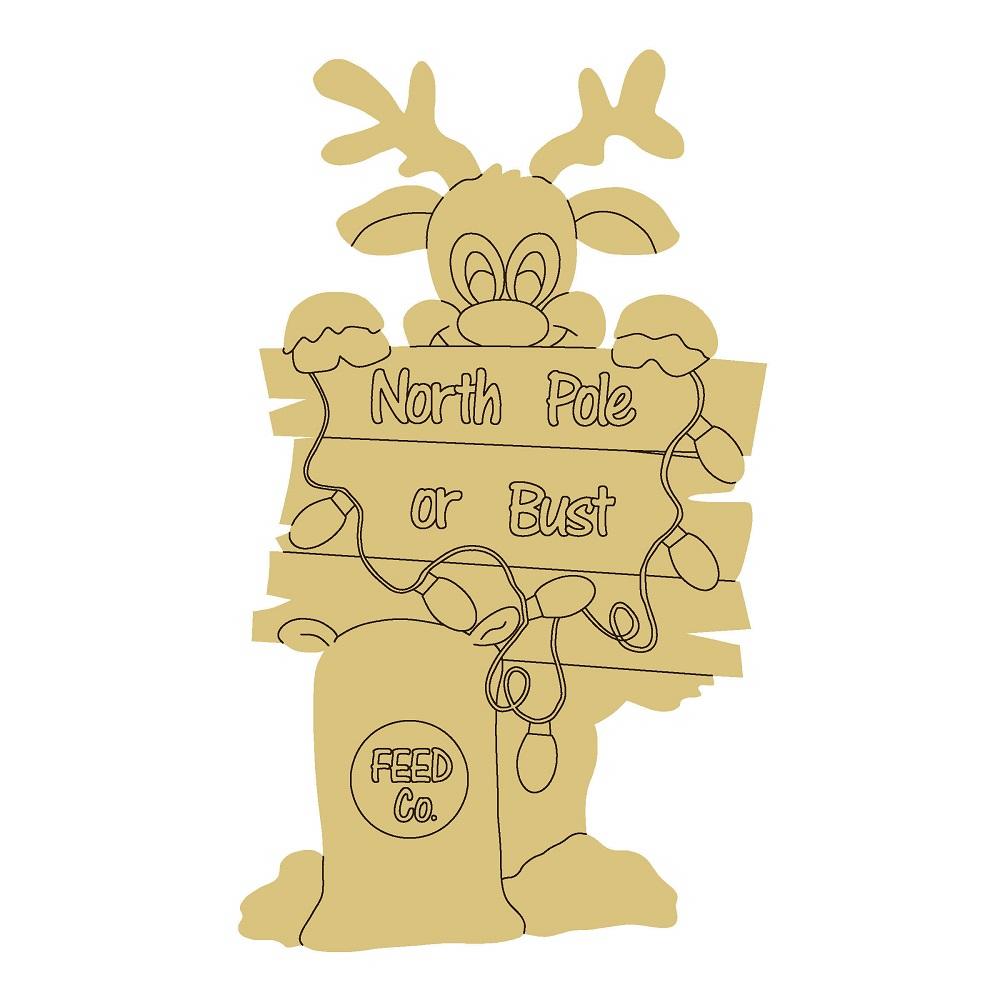 Design By Line Reindeer MDF Cutout North Pole Or Bust Sign - Unfinished For DIY