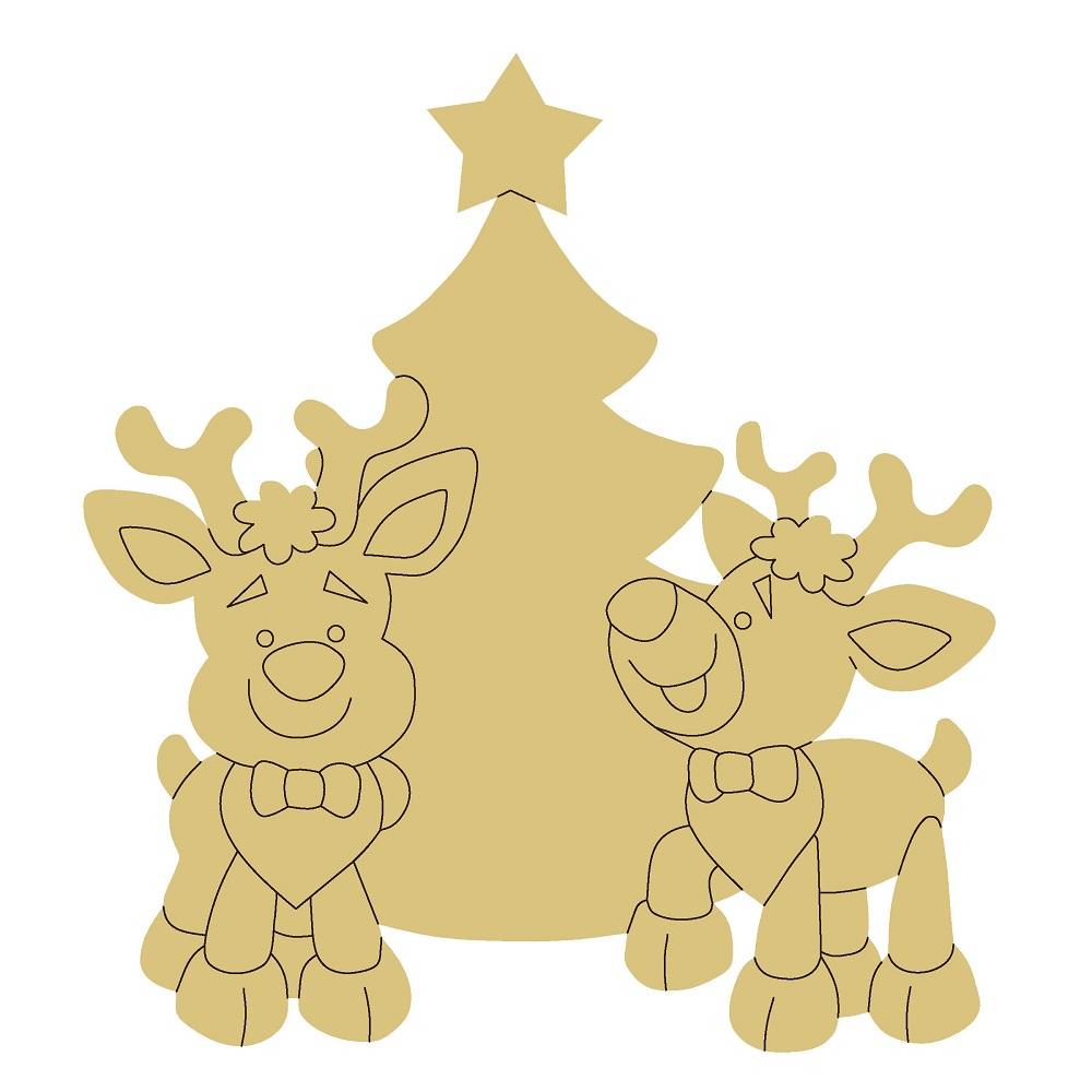 Design By Line Christmas Tree MDF Cutout Two Reindeer Silhouette - Unfinished For DIY