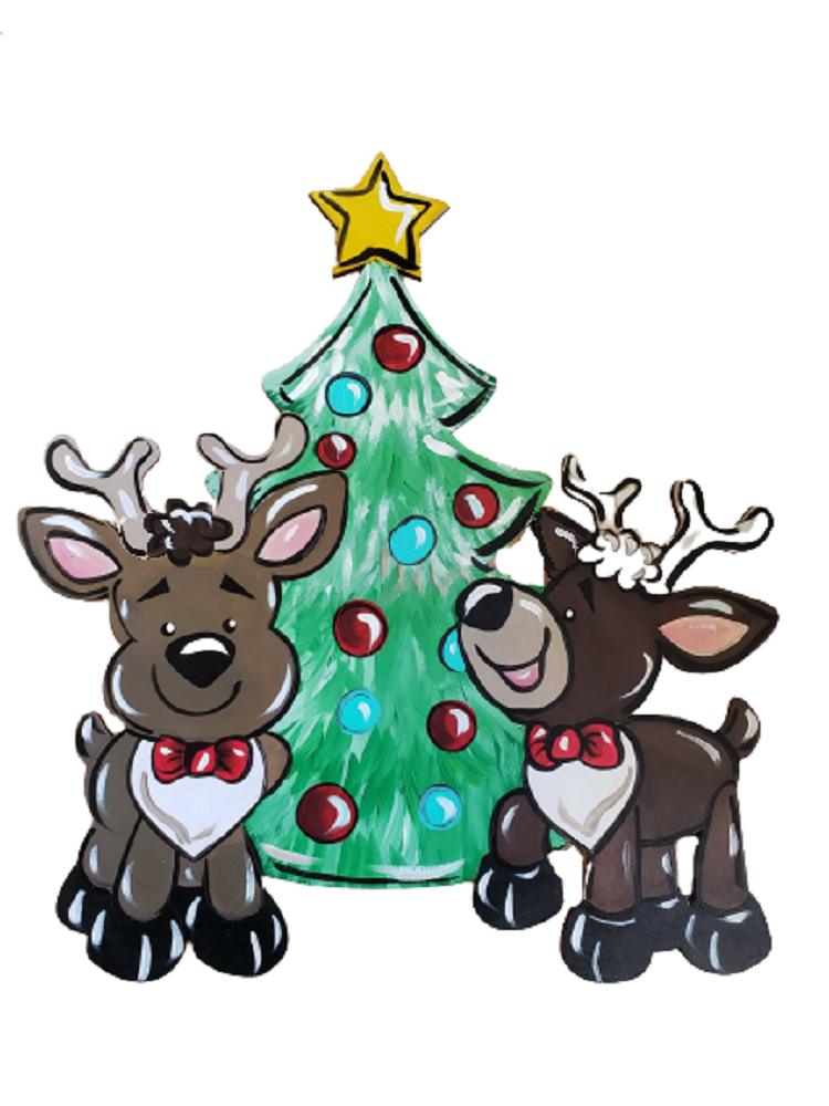 Design By Line Christmas Tree MDF Cutout Two Reindeer Silhouette - Unfinished For DIY