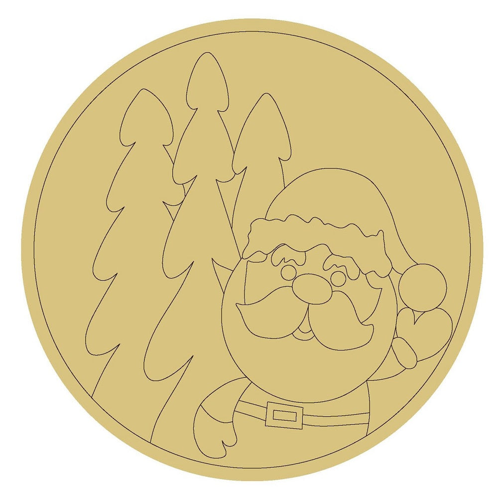 Design By Line Round MDF Cutout Santa Claus With Evergreen Trees - Unfinished For DIY