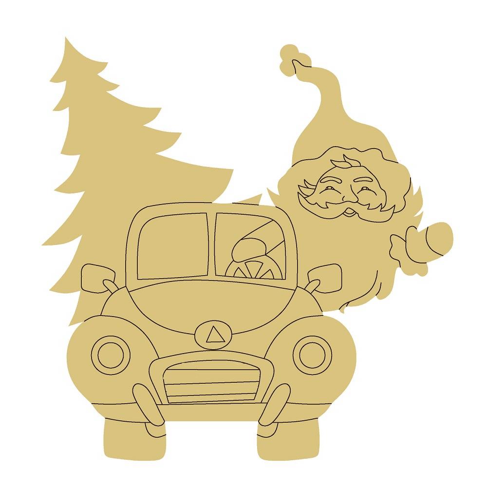 Design By Line Car MDF Cutout Santa With Tree - Unfinished For DIY