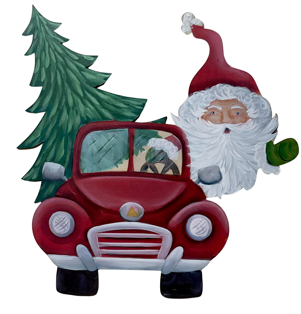 Design By Line Car MDF Cutout Santa With Tree - Unfinished For DIY