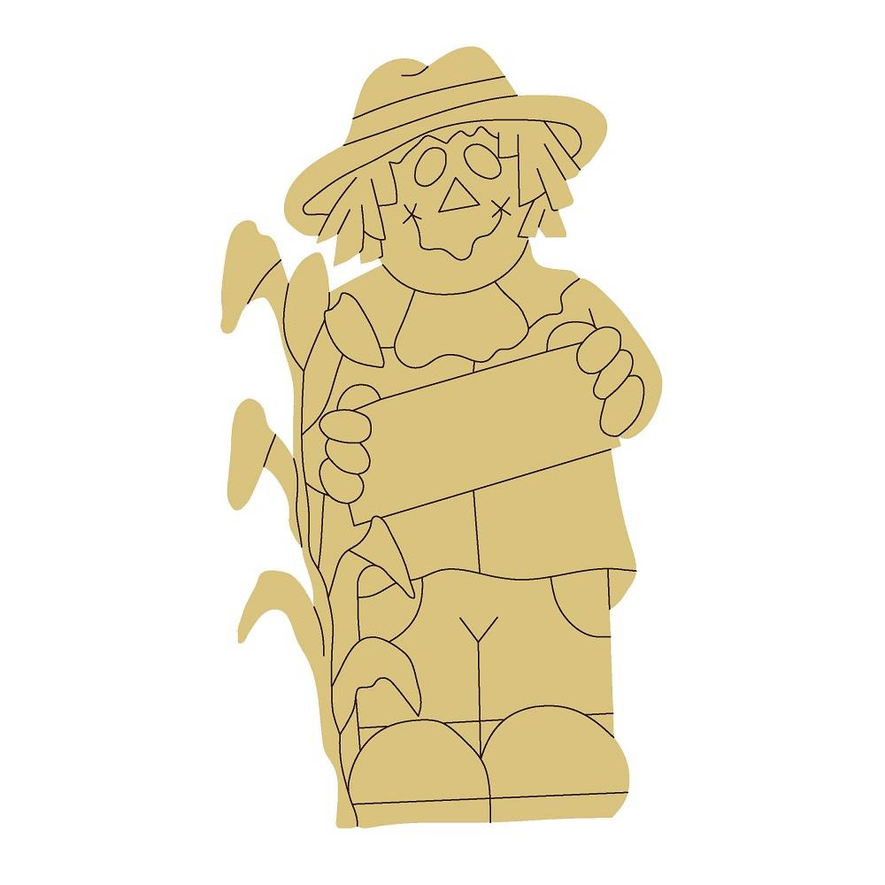 Design By Line Scarecrow MDF Cutout Holding Sign Among Corn Stalks - Unfinished For DIY