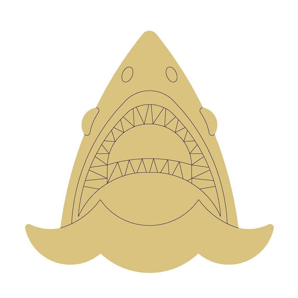 Design By Line Shark MDF Cutout Head With Open Jaw And Teeth Over Waves - Unfinished For DIY