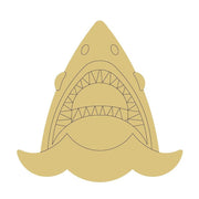 Design By Line Shark MDF Cutout Head With Open Jaw And Teeth Over Waves - Unfinished For DIY