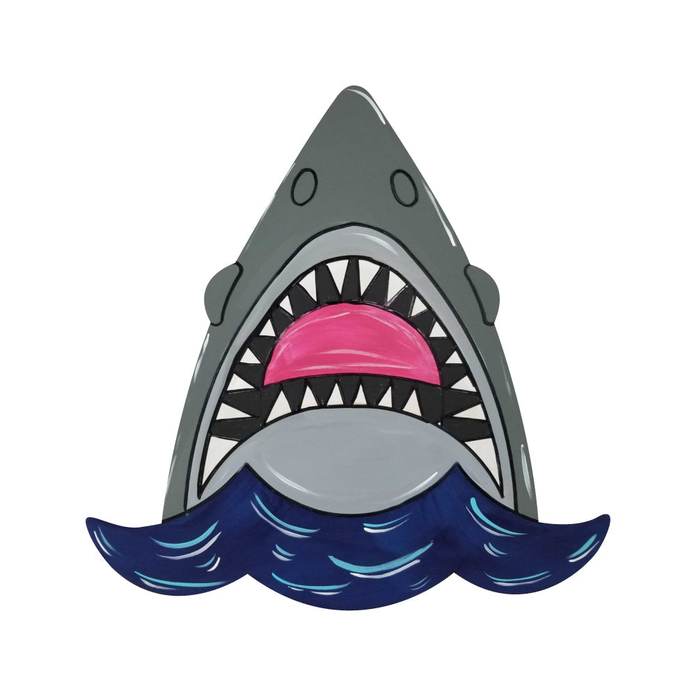 Design By Line Shark MDF Cutout Head With Open Jaw And Teeth Over Waves - Unfinished For DIY