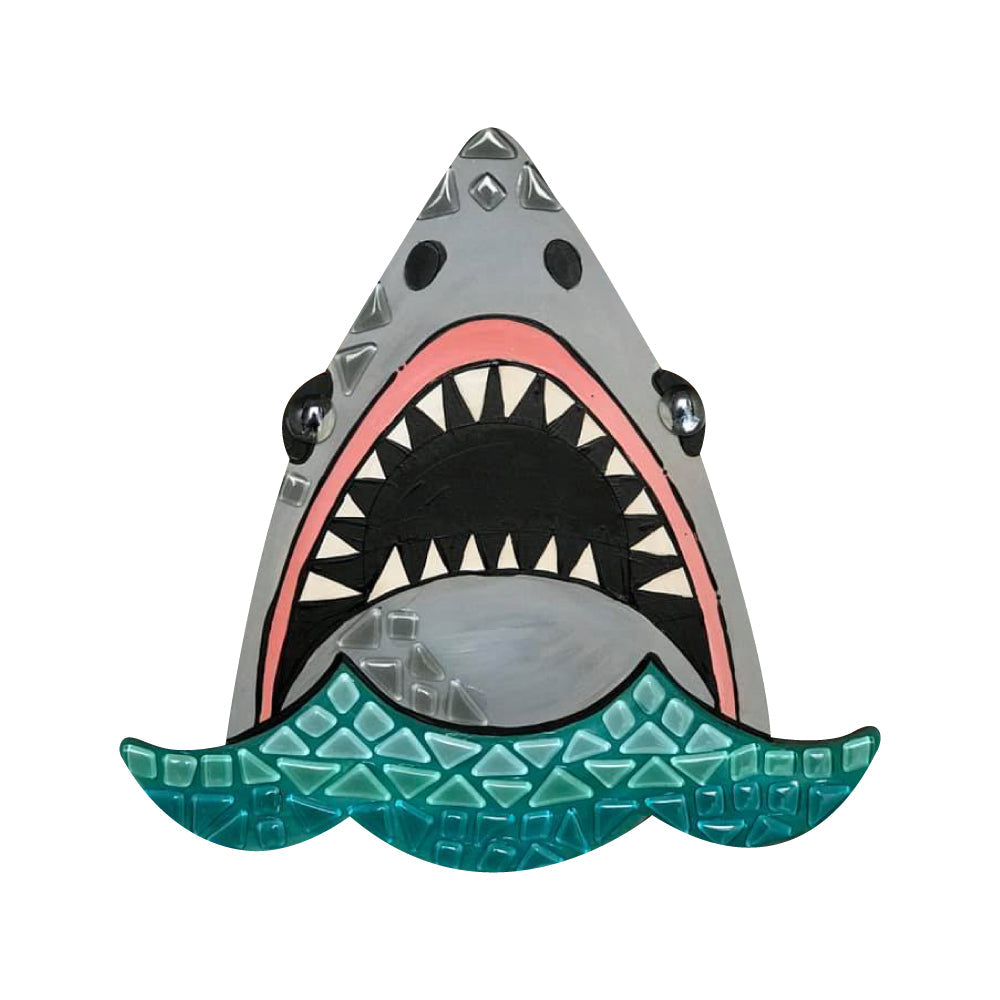 Design By Line Shark MDF Cutout Head With Open Jaw And Teeth Over Waves - Unfinished For DIY