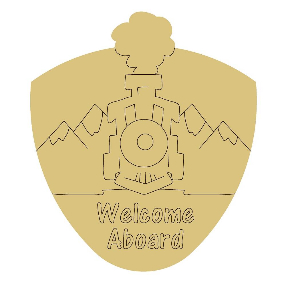 Design By Line Half Oval MDF Cutout Welcome Aboard Train with Mountians - Unfinished For DIY