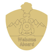 Design By Line Half Oval MDF Cutout Welcome Aboard Train with Mountians - Unfinished For DIY