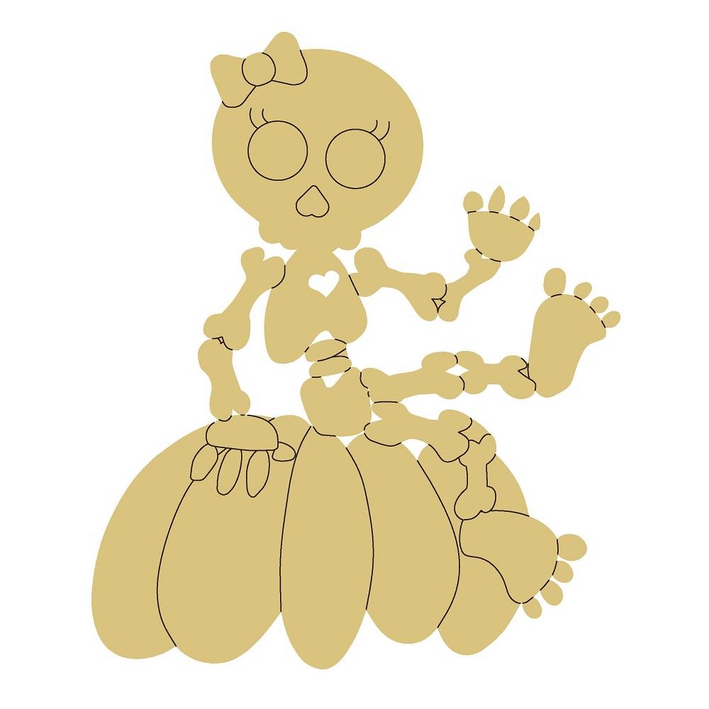 Design By Line Sitting Skeleton MDF Cutout On Pumpkin Stack Silhouette With Bow And Heart - Unfinished For DIY