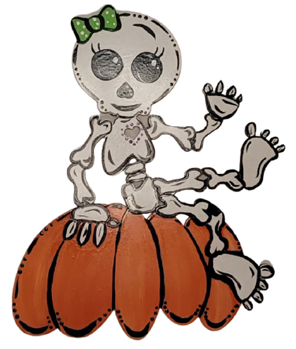 Design By Line Sitting Skeleton MDF Cutout On Pumpkin Stack Silhouette With Bow And Heart - Unfinished For DIY